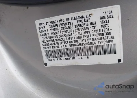 2005 Honda Odyssey Ex-L z USA, uszkodzony, nr VIN 5FNRL38695B036836